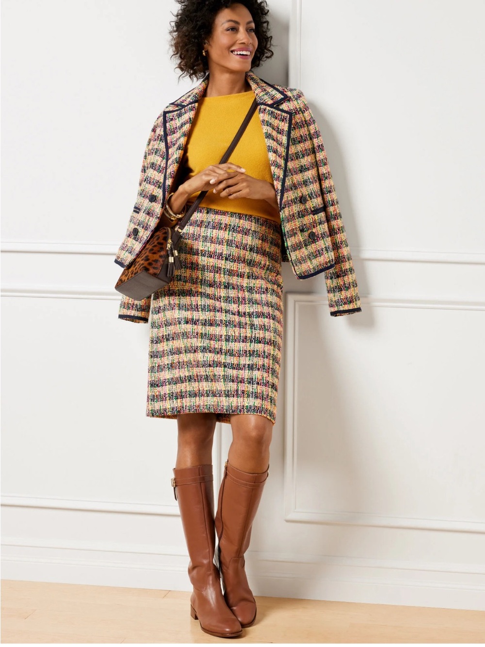 Talbots Cafe Tweed Double Breasted Jacket & Skirt Set Multicolor Navy Trim 10P